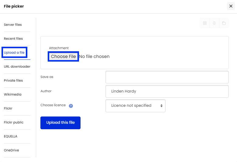 Moodle - File Picker - Upload a File - Choose File